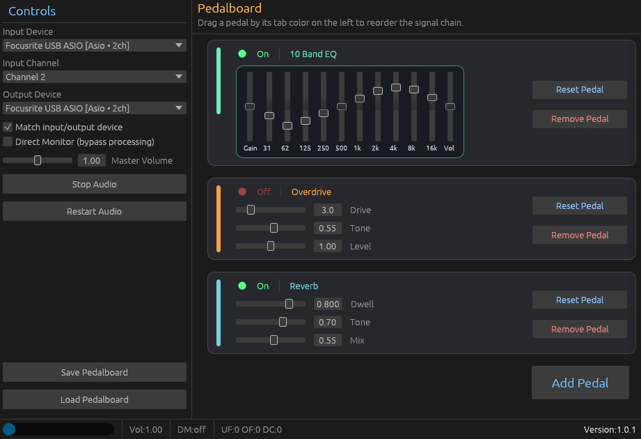 Screenshot of the Q Virtual Amp interface showing the pedalboard and controls.